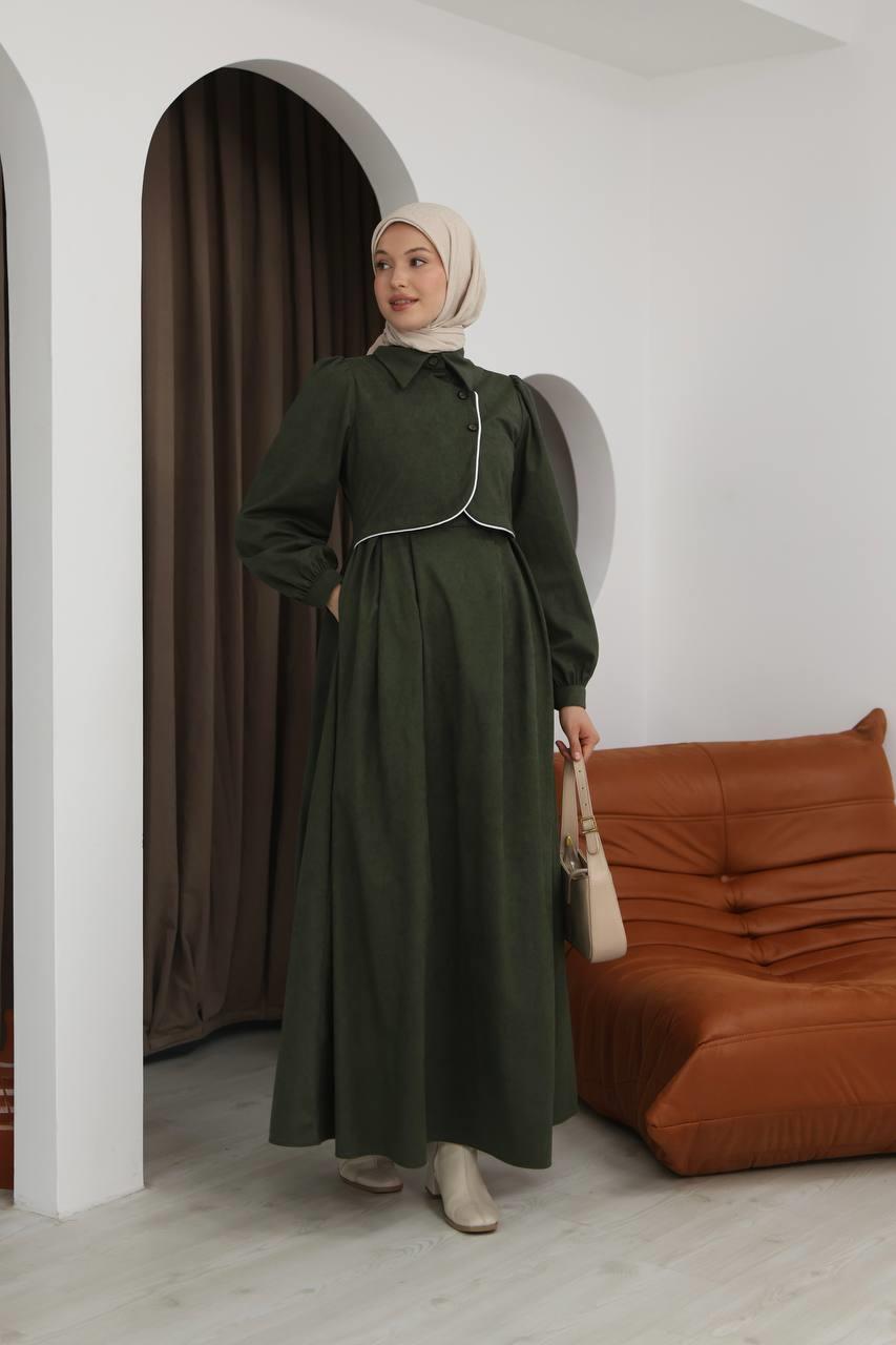 7085 Ön Tasarımlı Elbise - Haki