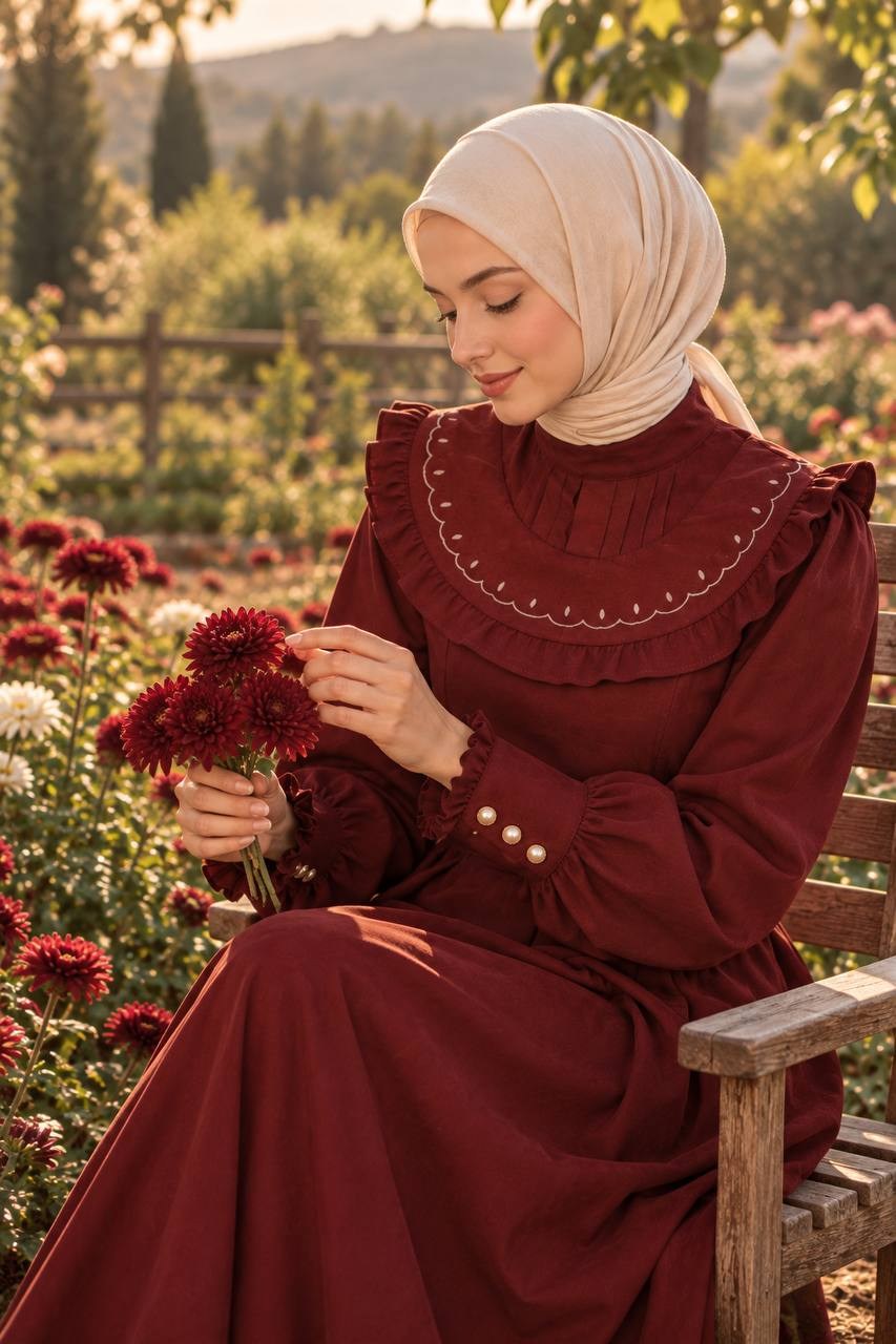 7089 Nakış Detaylı Fırfırlı Yaka Elbise - Bordo 