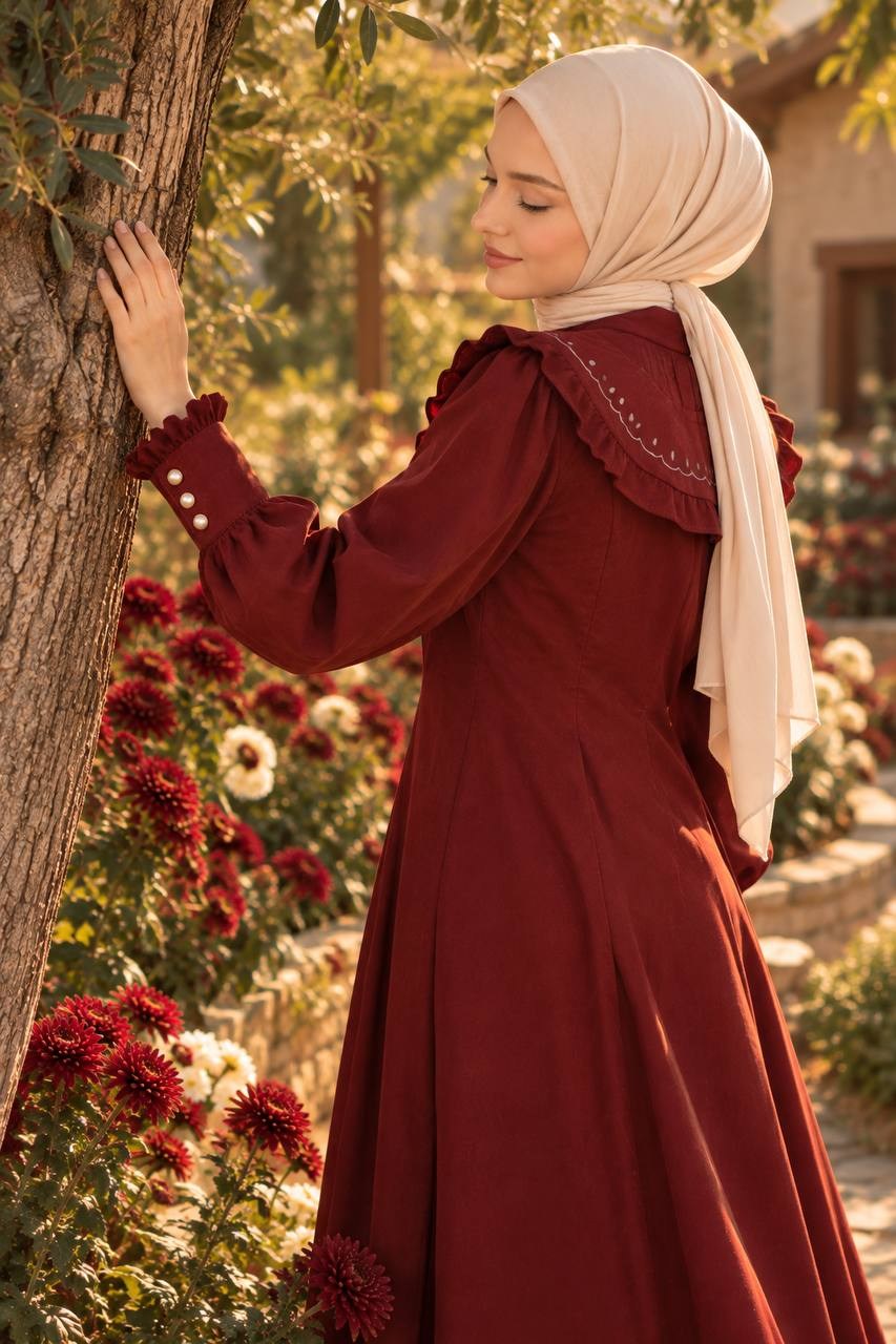 7089 Nakış Detaylı Fırfırlı Yaka Elbise - Bordo 