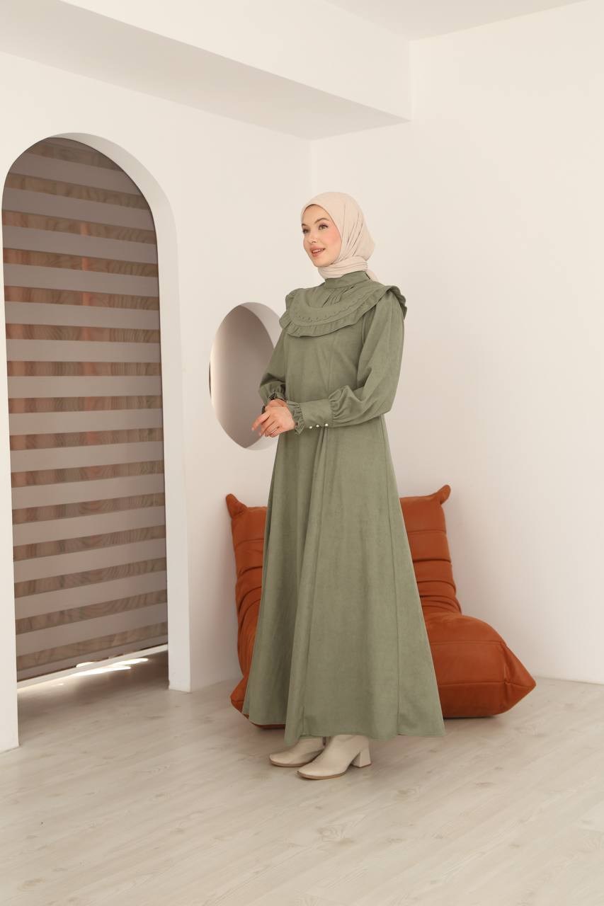 7089 Nakış Detaylı Fırfırlı Yaka Elbise - Haki
