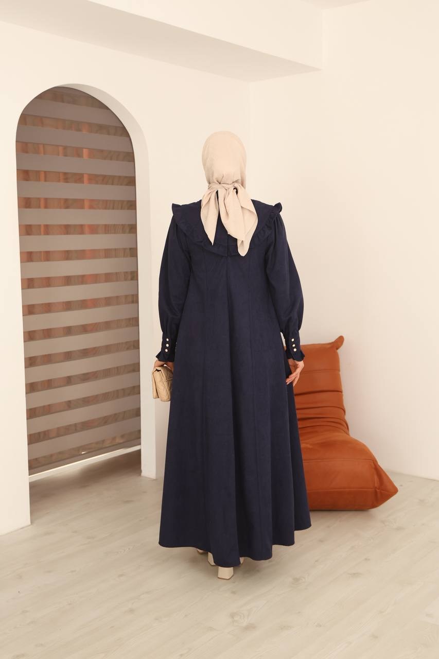7089 Nakış Detaylı Fırfırlı Yaka Elbise - Lacivert 