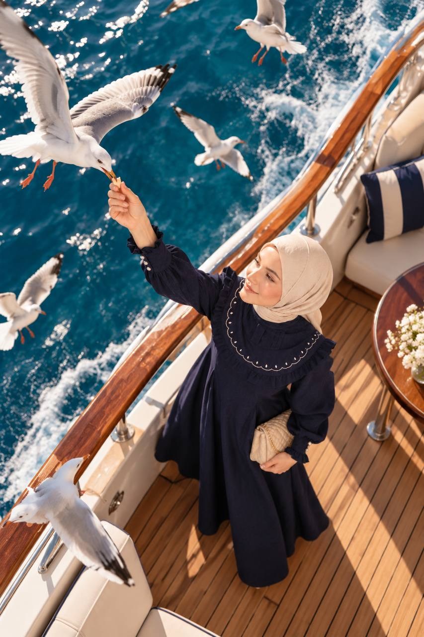7089 Nakış Detaylı Fırfırlı Yaka Elbise - Lacivert 