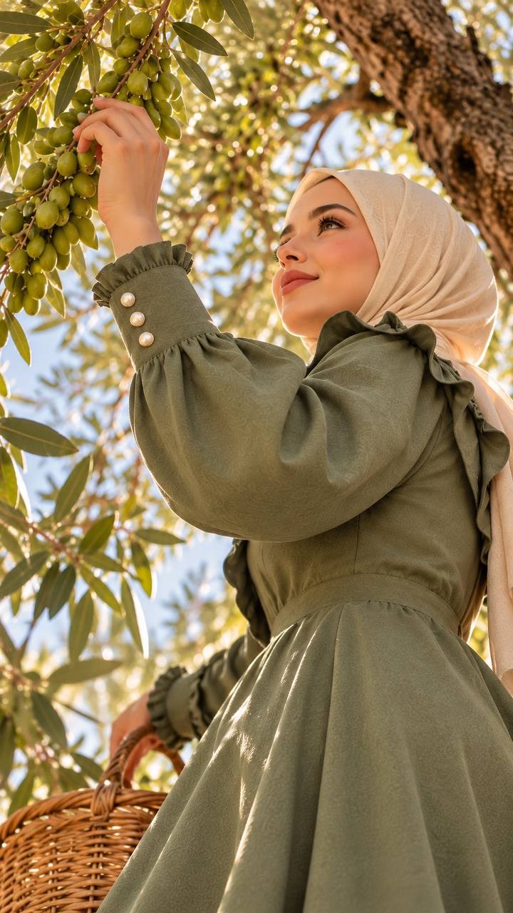 7089 Nakış Detaylı Fırfırlı Yaka Elbise - Haki