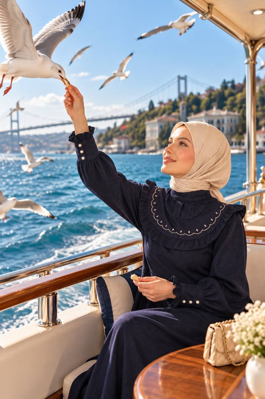7089 Nakış Detaylı Fırfırlı Yaka Elbise - Lacivert 