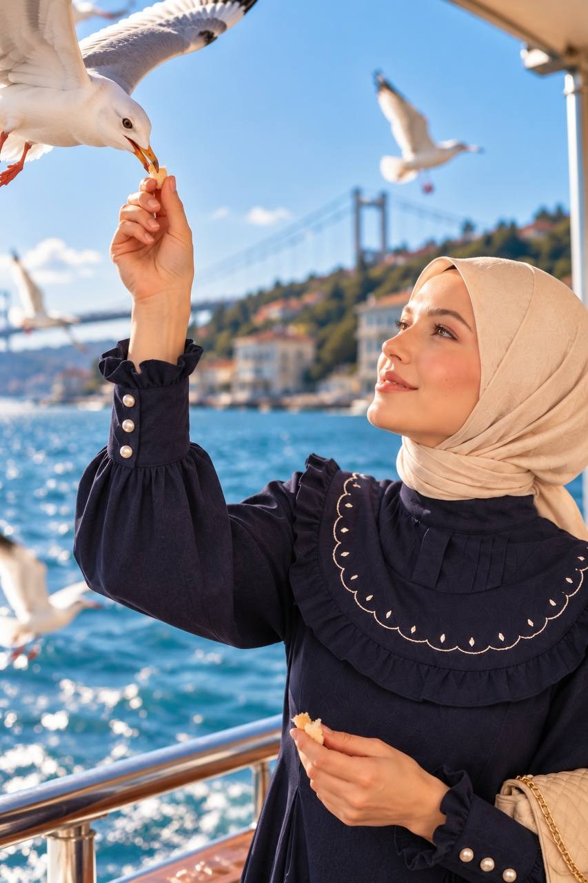 7089 Nakış Detaylı Fırfırlı Yaka Elbise - Lacivert 
