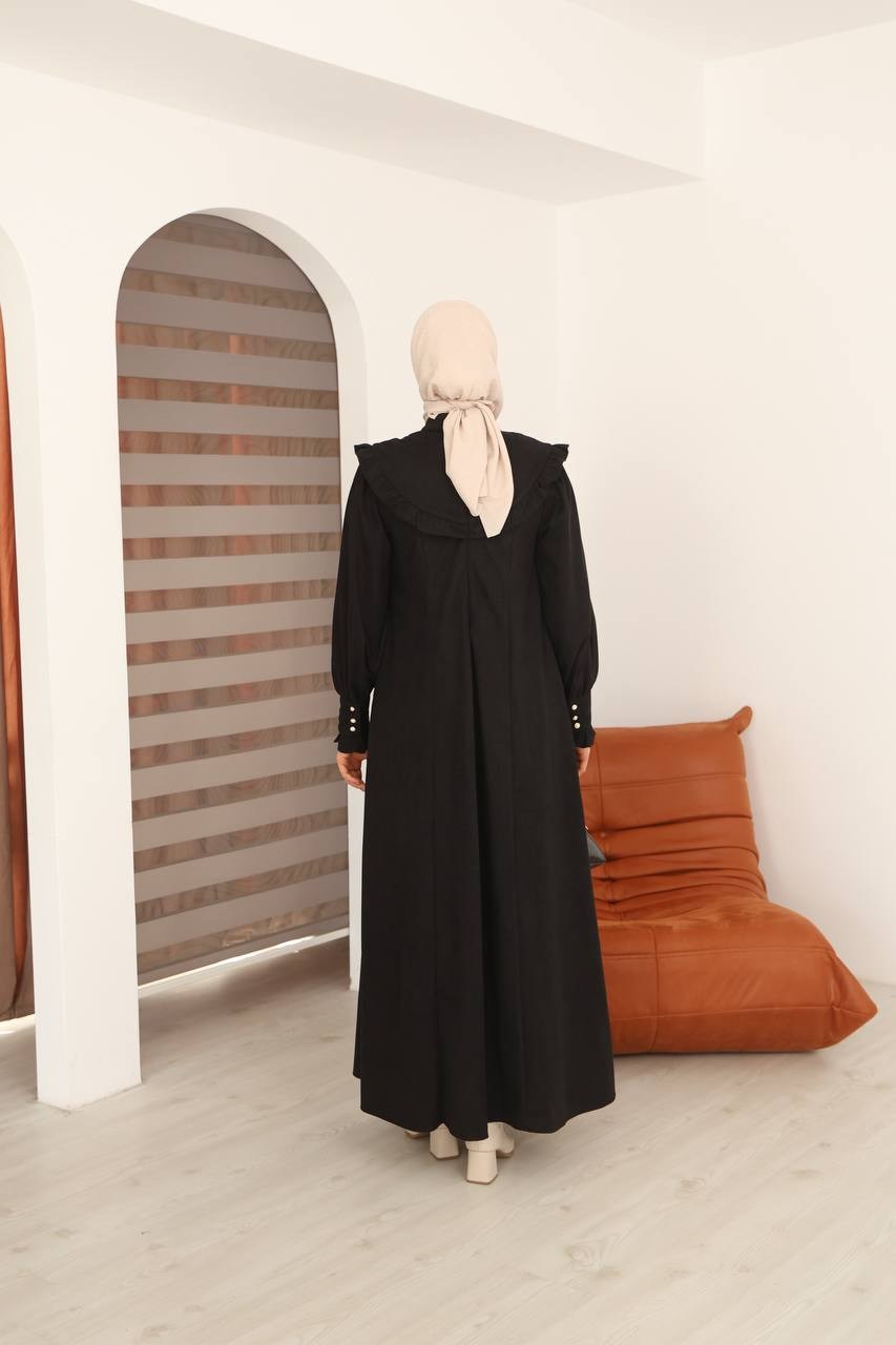 7089 Nakış Detaylı Fırfırlı Yaka Elbise - Siyah 