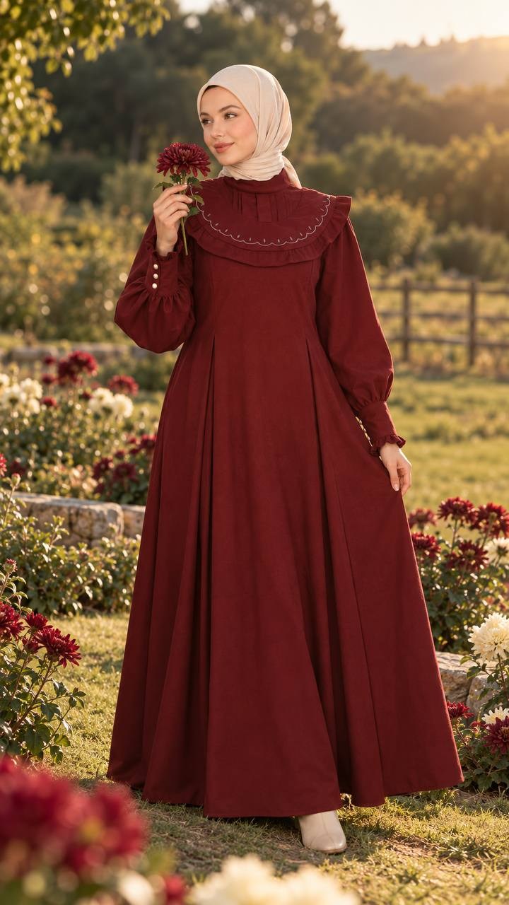 7089 Nakış Detaylı Fırfırlı Yaka Elbise - Bordo 