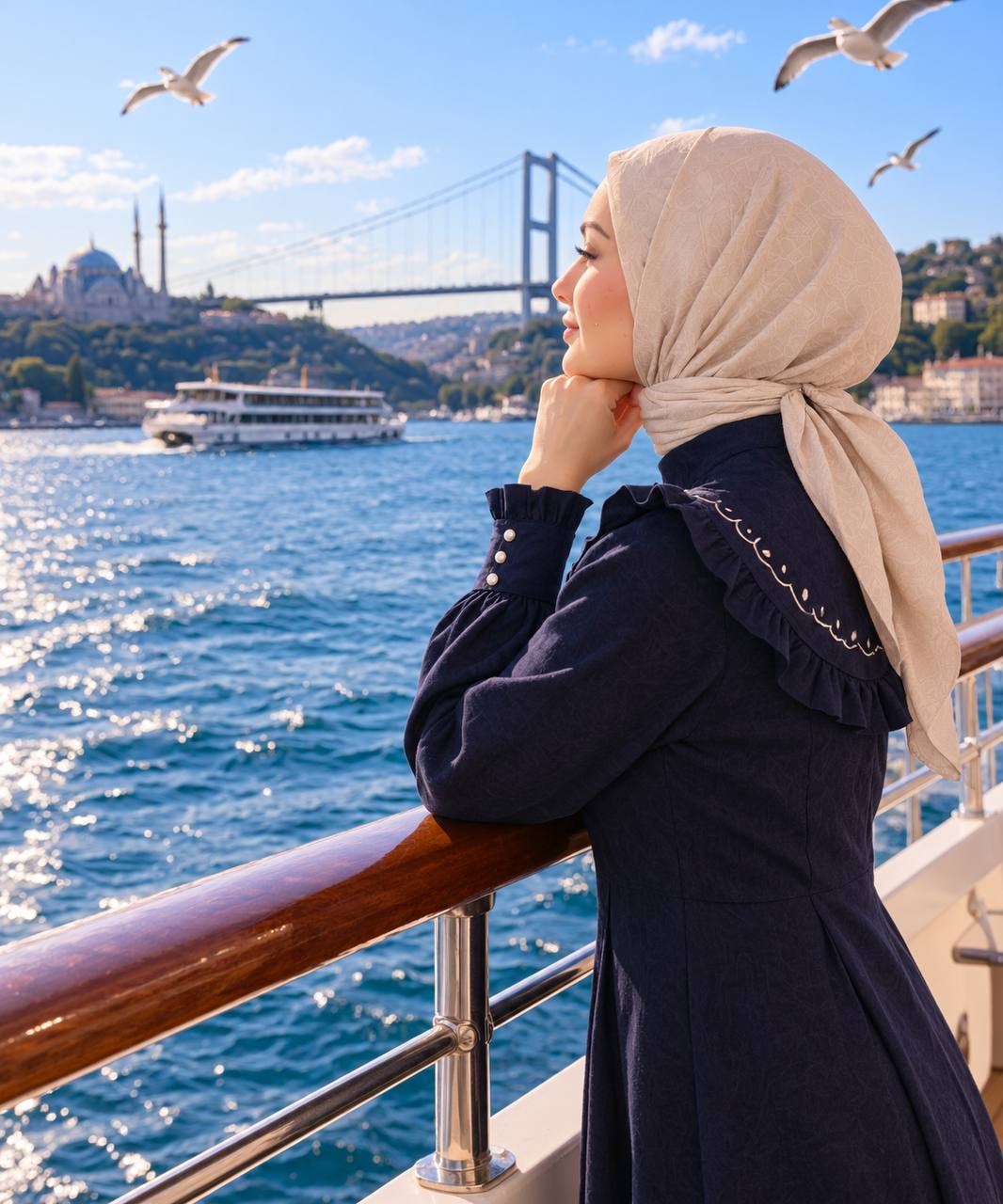 7089 Nakış Detaylı Fırfırlı Yaka Elbise - Lacivert 