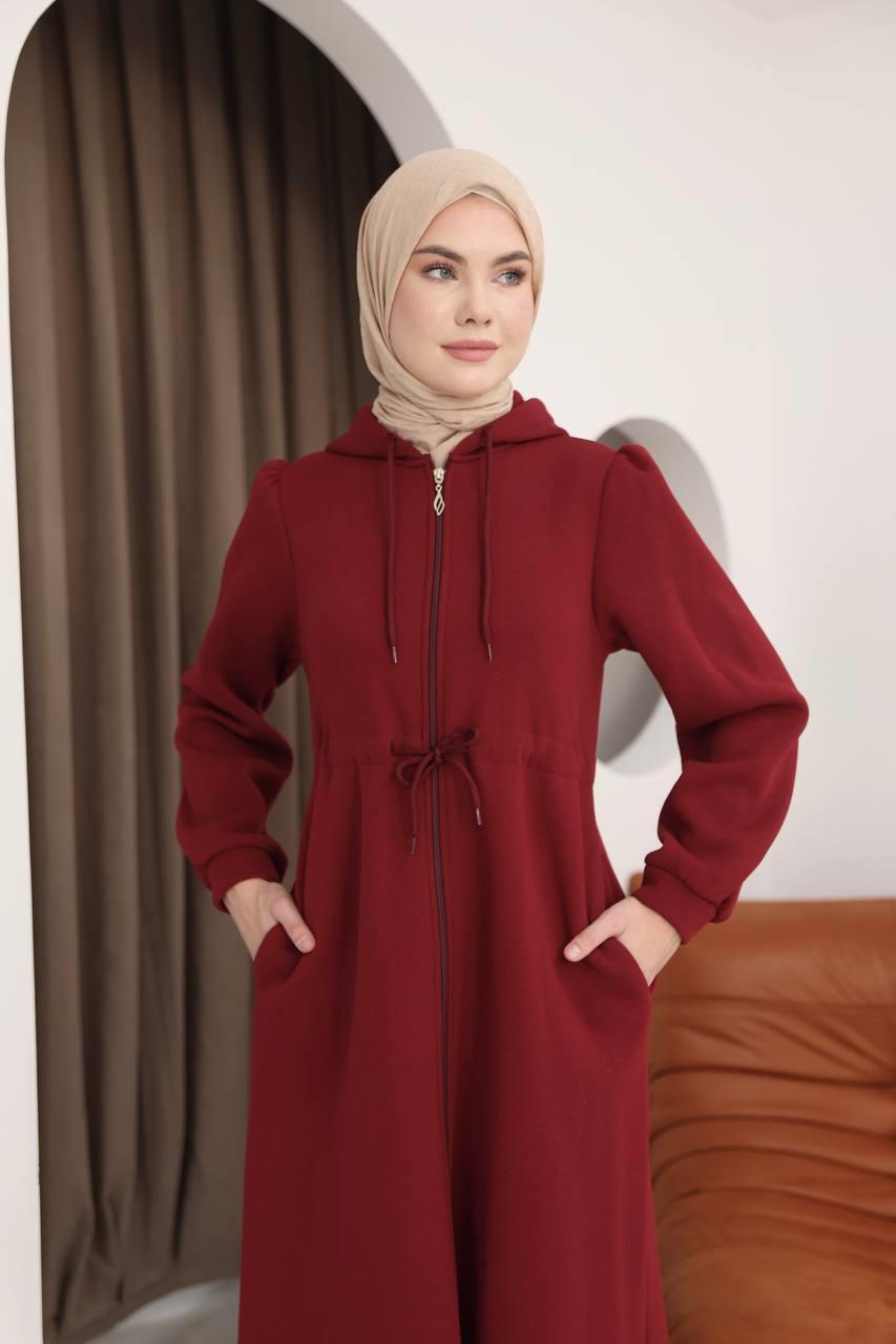 7090 Üç iplik Büzgülü Elbise - Bordo