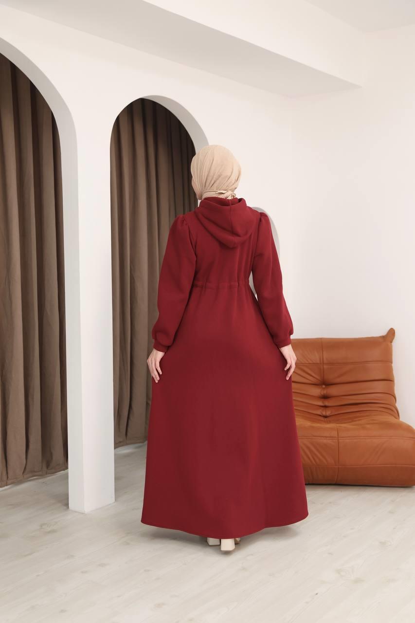 7090 Üç iplik Büzgülü Elbise - Bordo