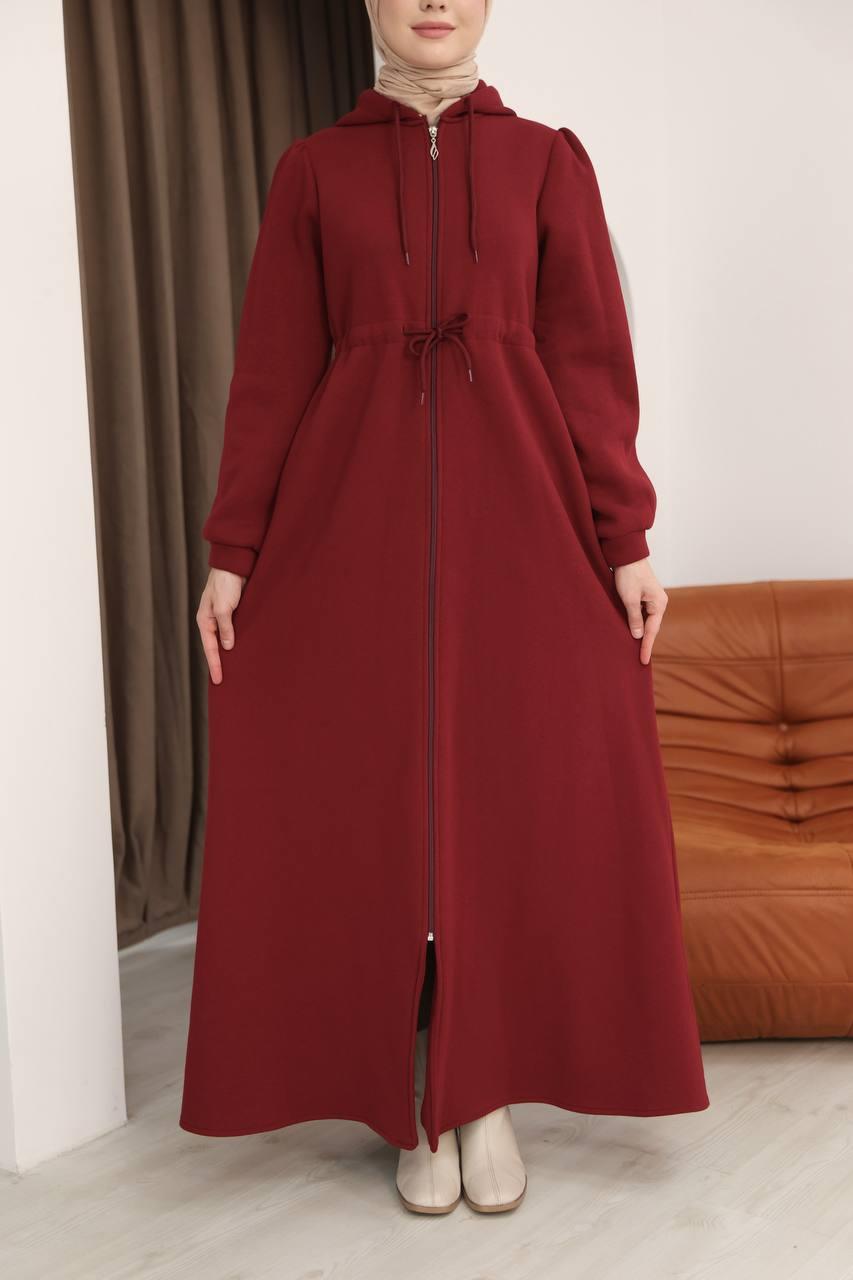 7090 Üç iplik Büzgülü Elbise - Bordo
