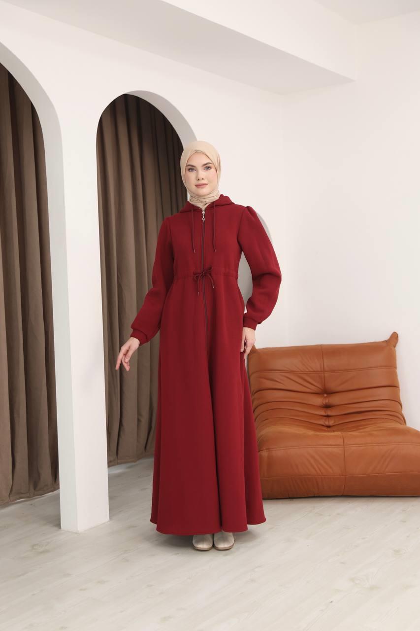 7090 Üç iplik Büzgülü Elbise - Bordo