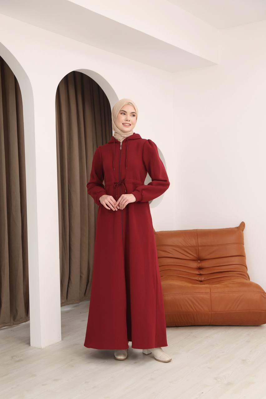 7090 Üç iplik Büzgülü Elbise - Bordo
