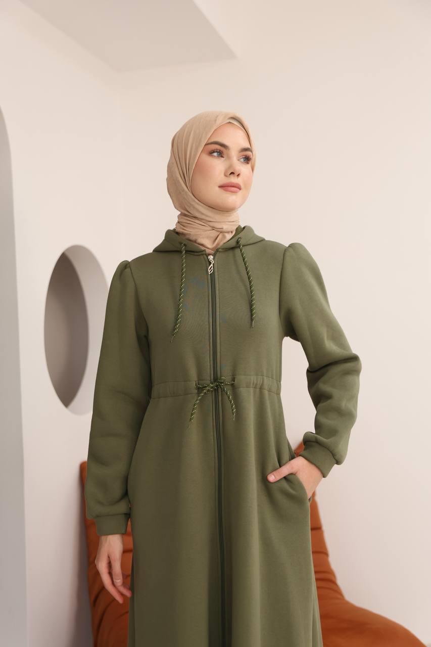 7090 Üç iplik Büzgülü Elbise - Haki
