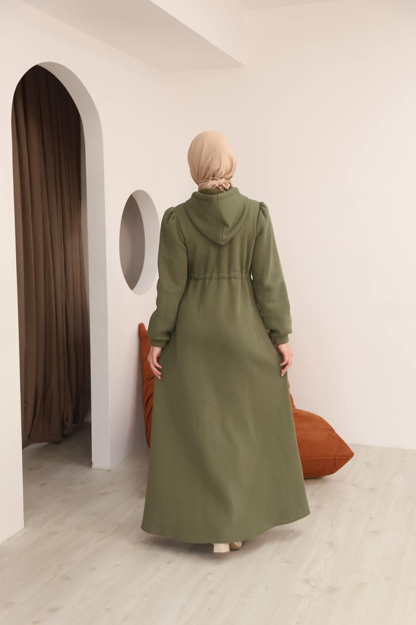 7090 Üç iplik Büzgülü Elbise - Haki