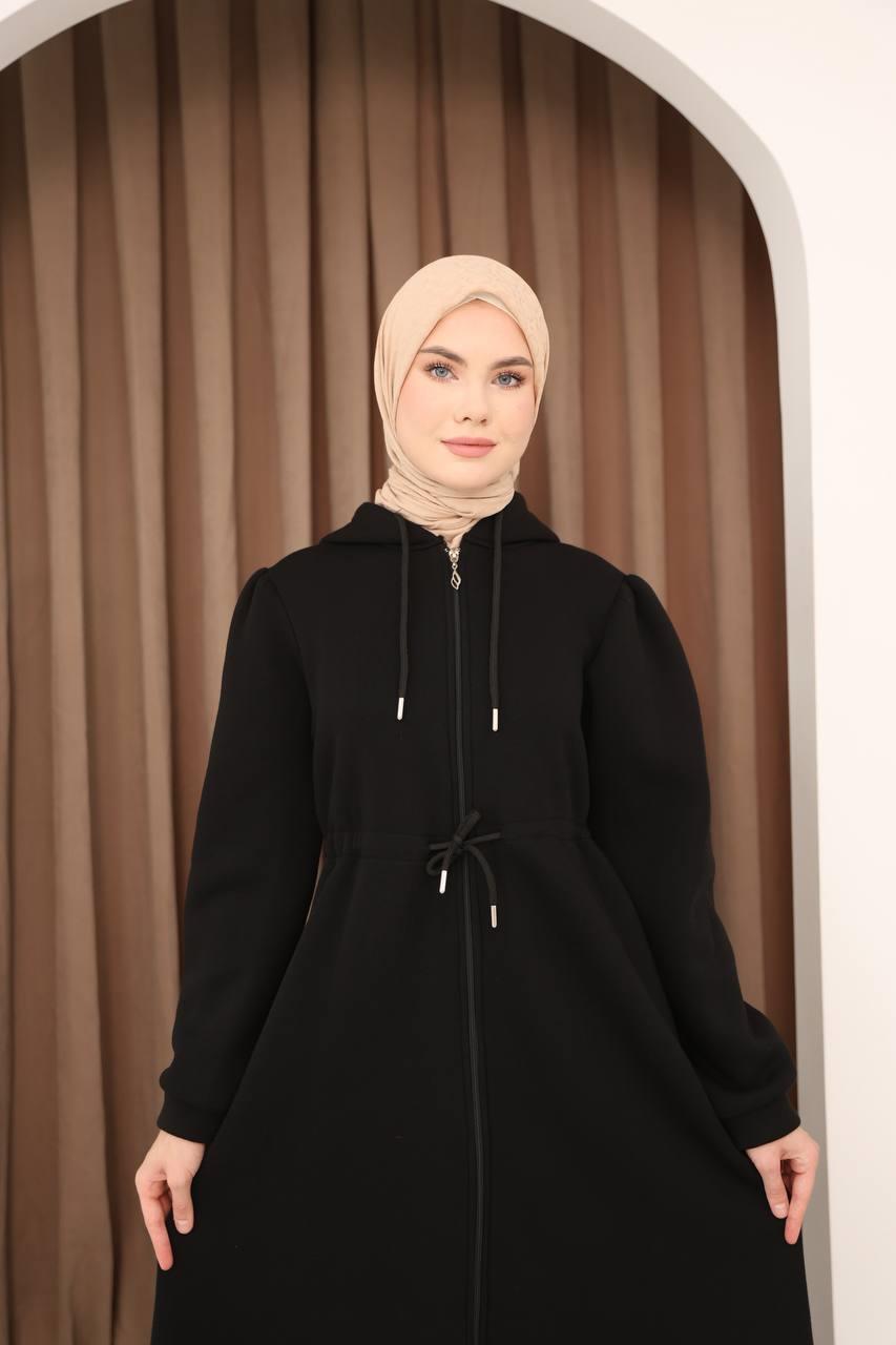 7090 Üç iplik Büzgülü Elbise - Siyah