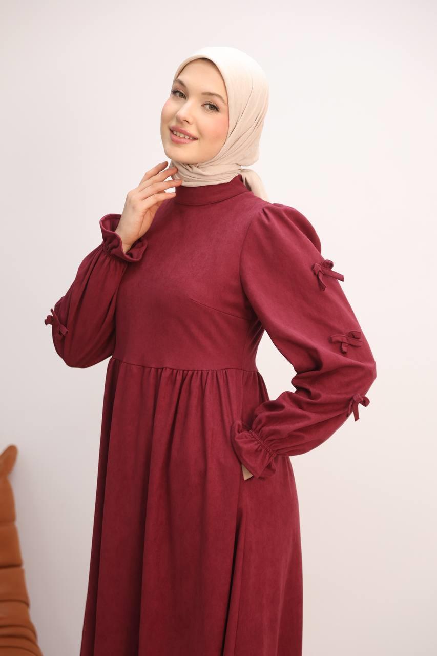 7095 Fiyonklu Elbise - Bordo