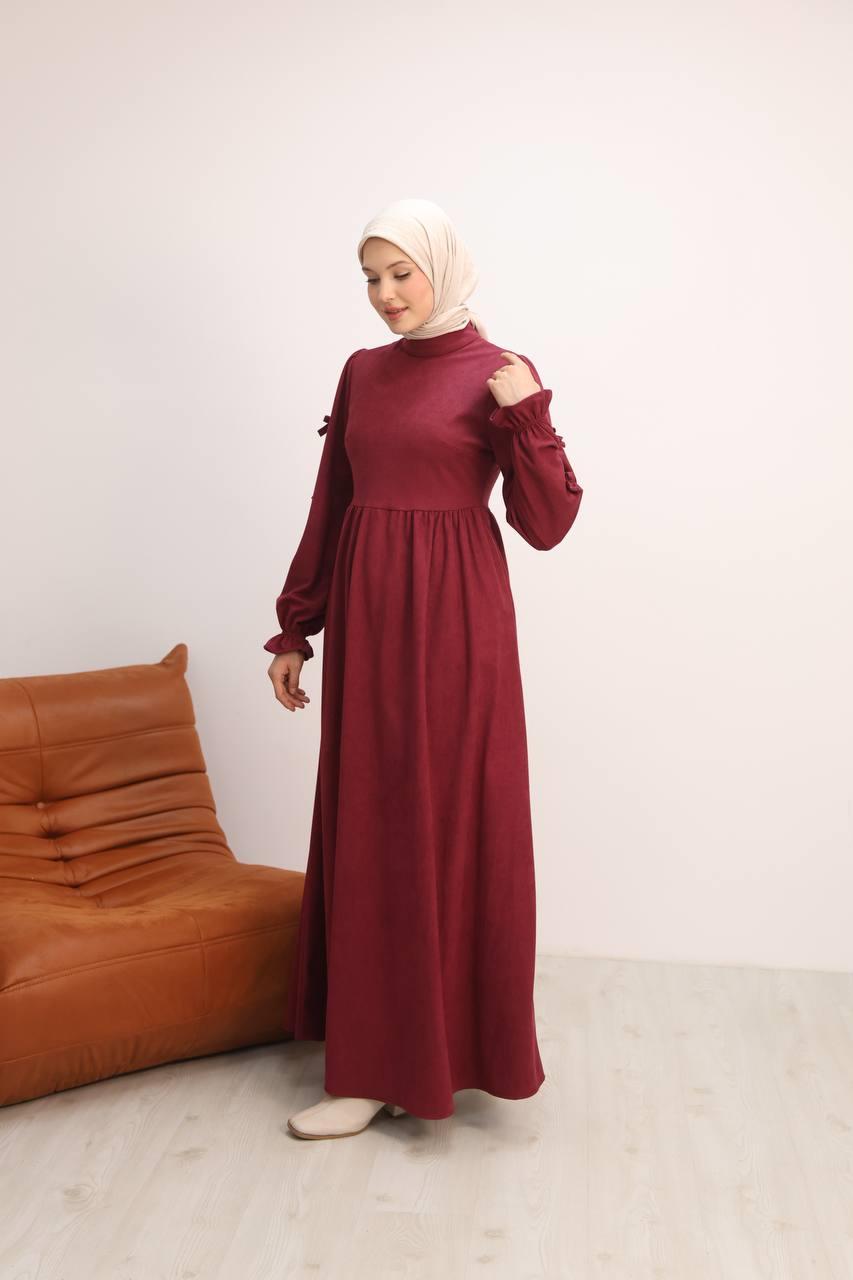 7095 Fiyonklu Elbise - Bordo