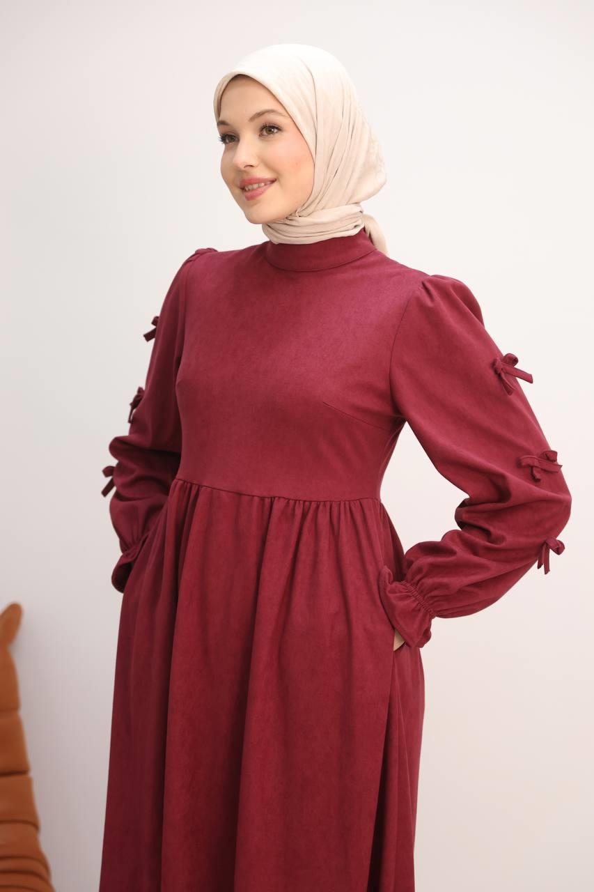 7095 Fiyonklu Elbise - Bordo
