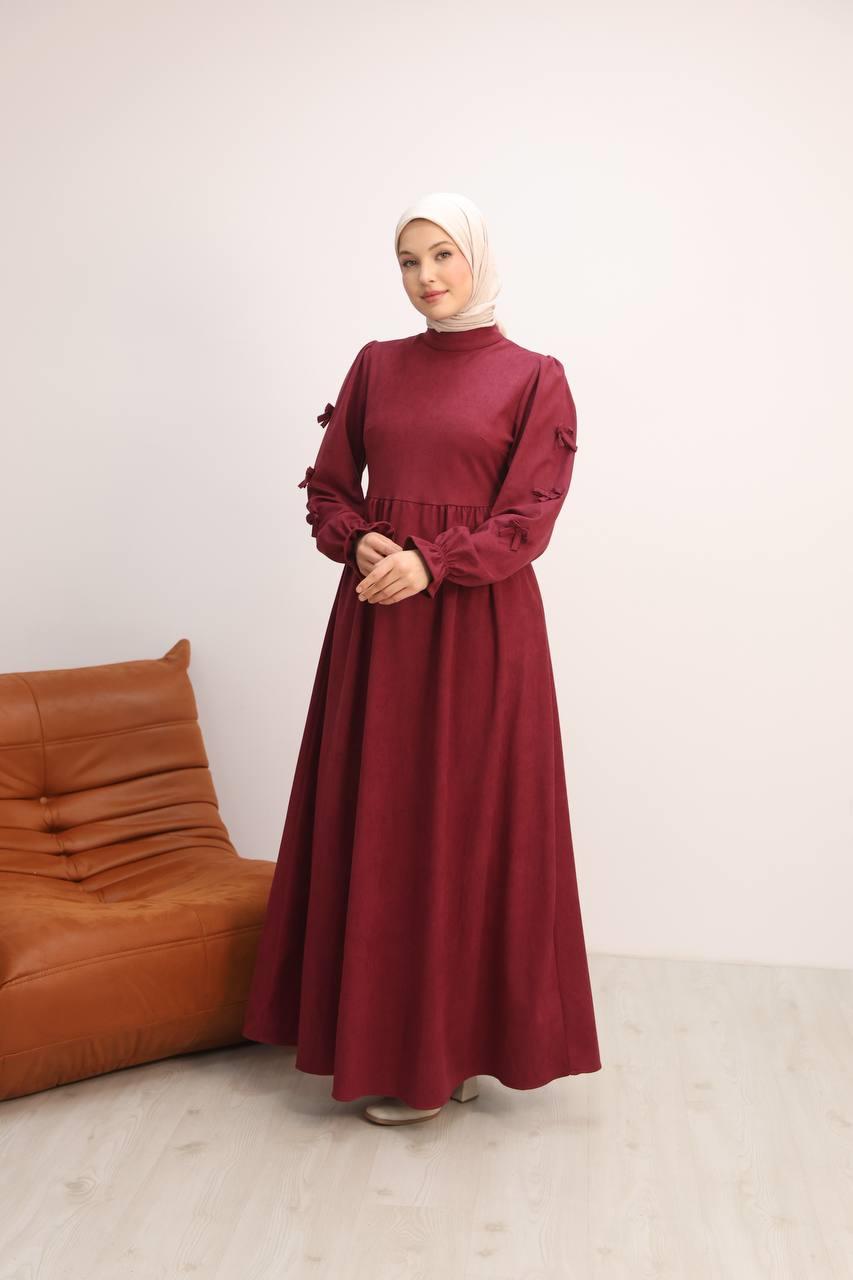7095 Fiyonklu Elbise - Bordo