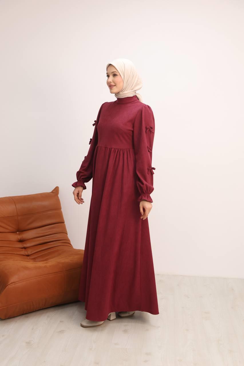 7095 Fiyonklu Elbise - Bordo