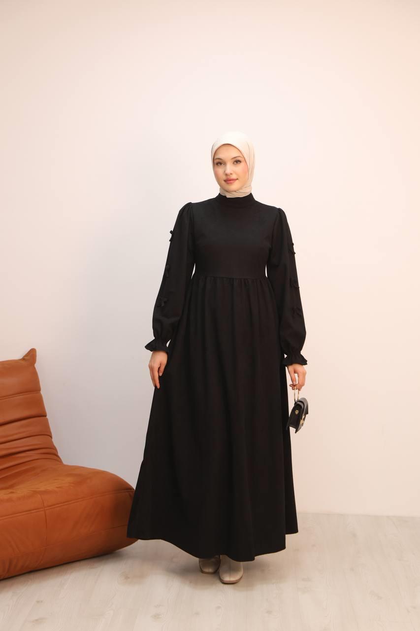 7095 Fiyonklu Elbise - Siyah