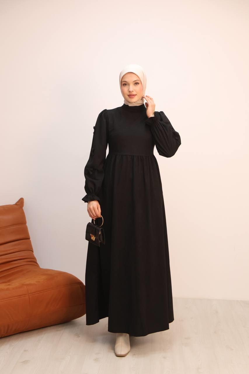 7095 Fiyonklu Elbise - Siyah