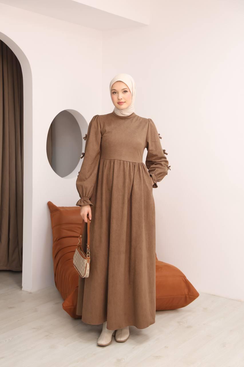 7095 Fiyonklu Elbise - Sütlü kahve
