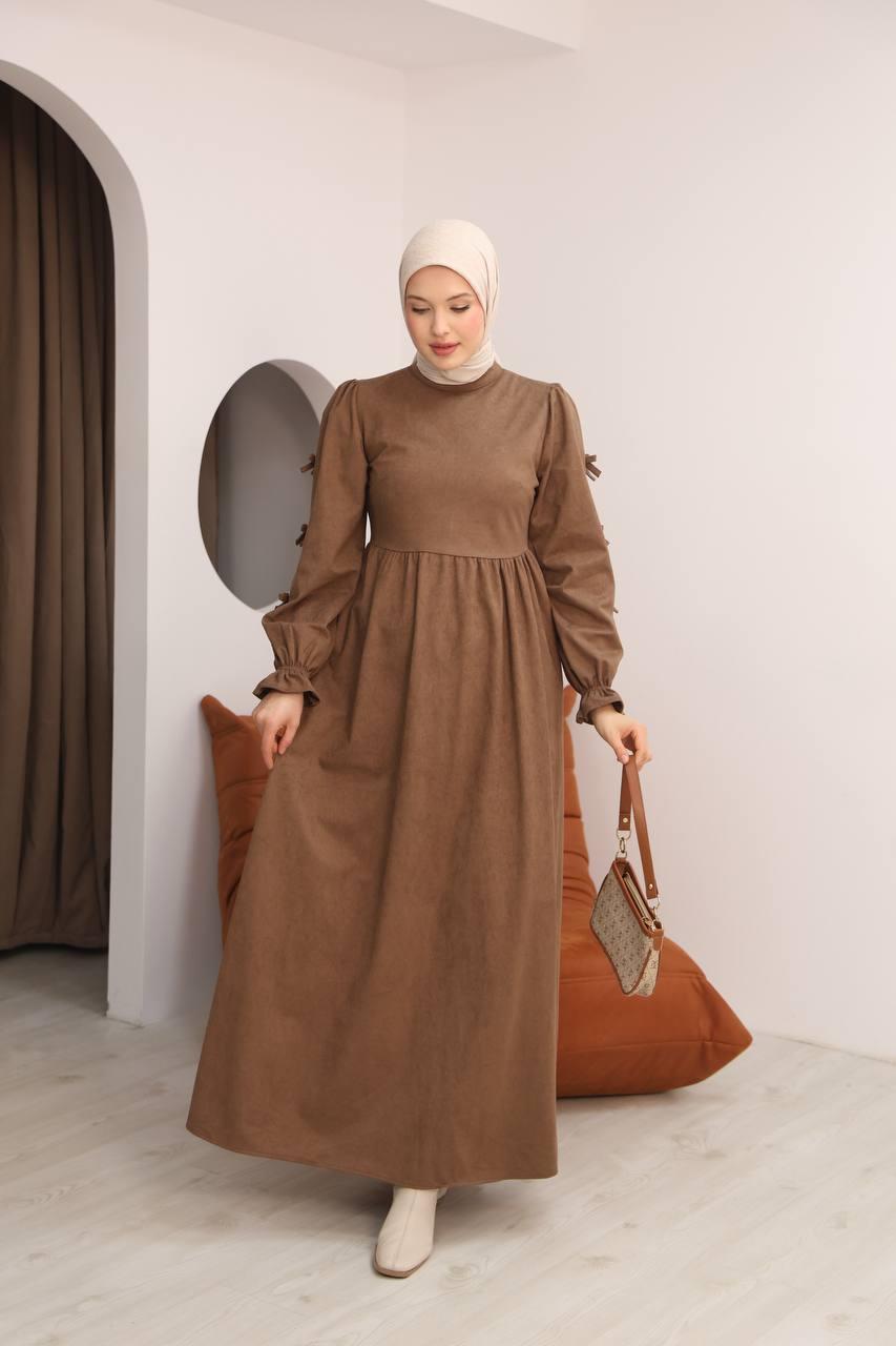 7095 Fiyonklu Elbise - Sütlü kahve