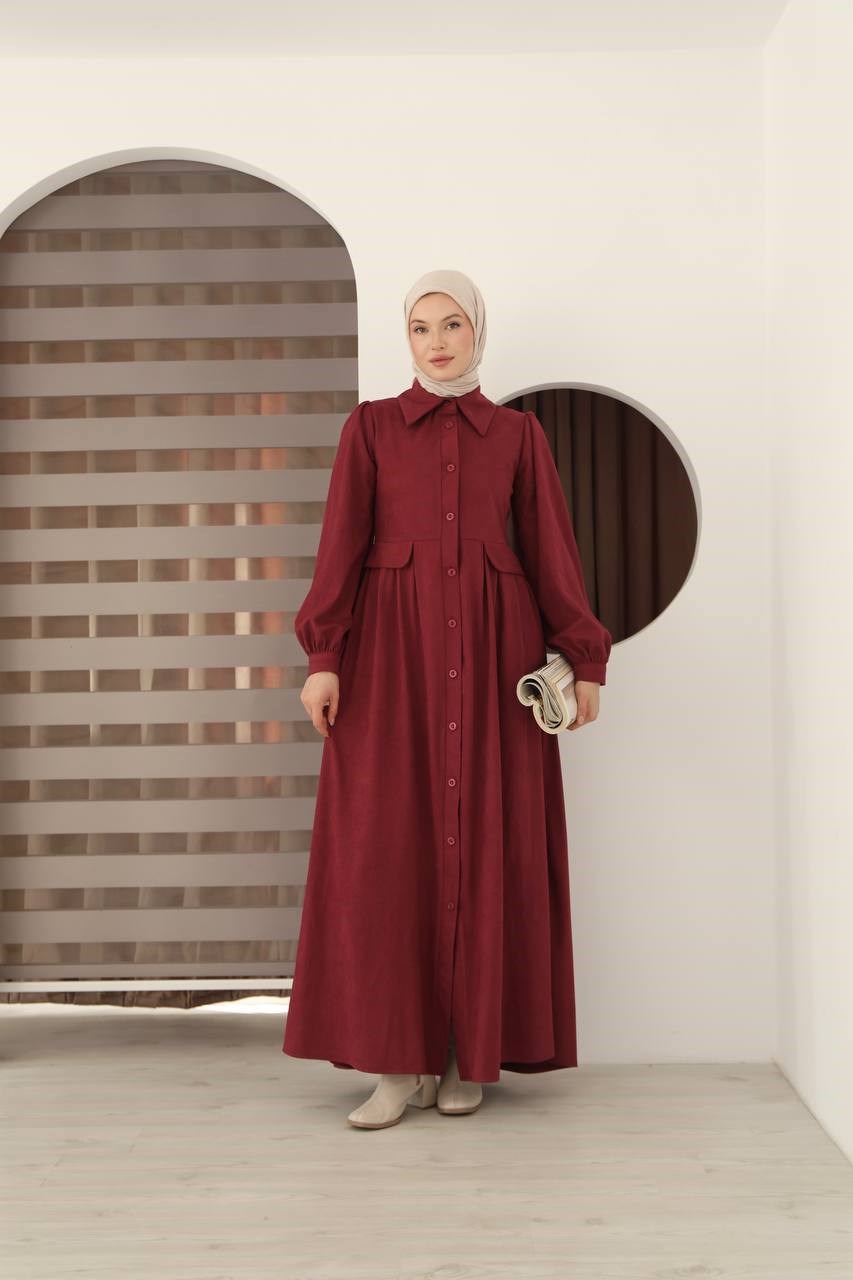 7096 Cep Kapaklı Balon Kol Elbise - Bordo 