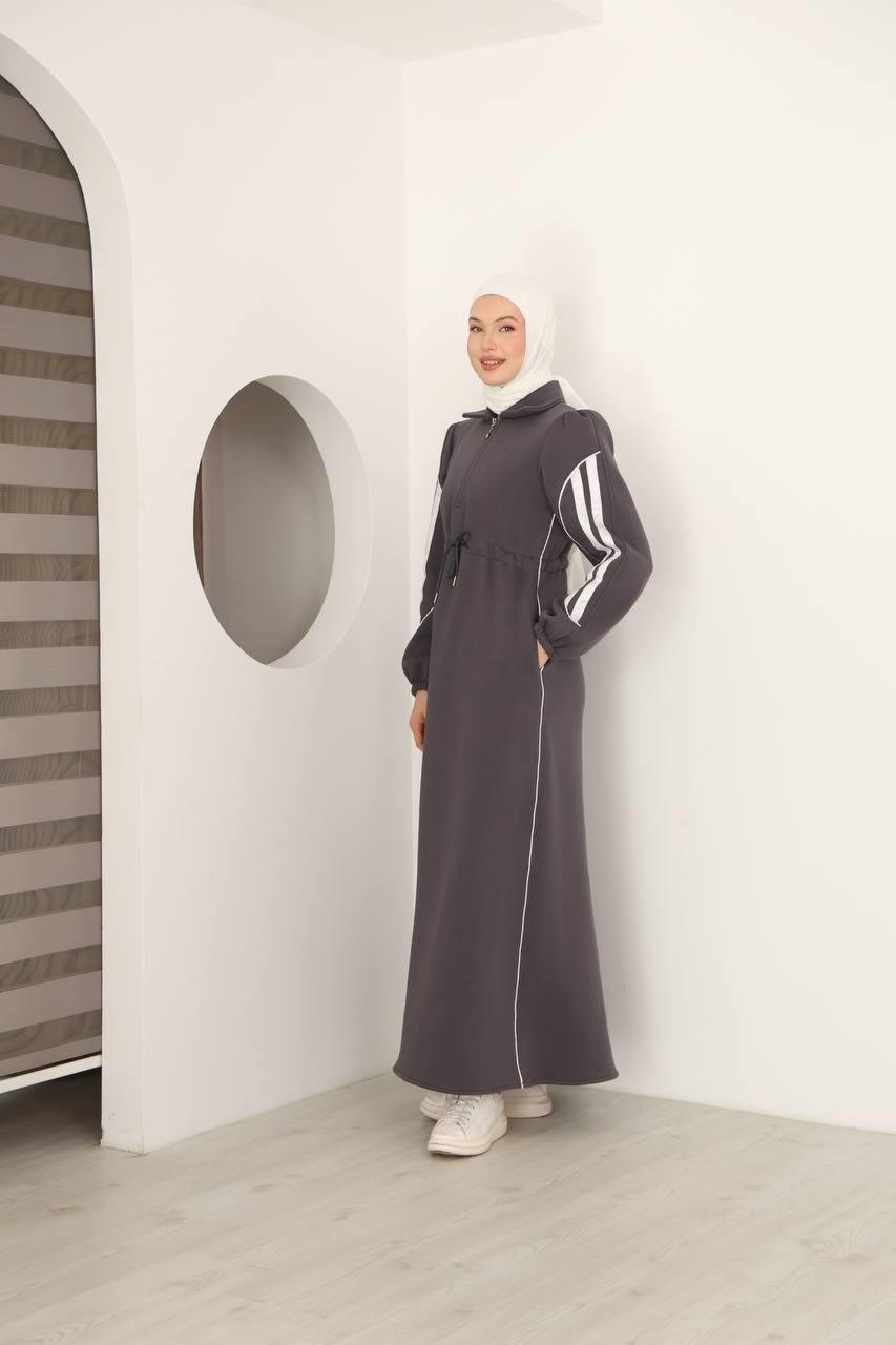 7097 Çift Çizgili kışlık Spor Elbise - Gri