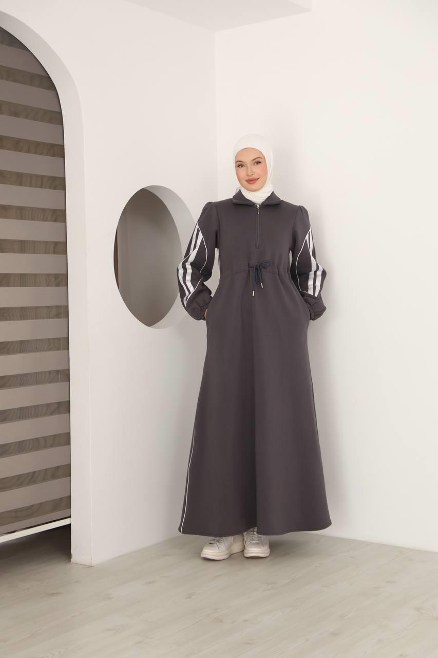 7097 Çift Çizgili kışlık Spor Elbise - Gri