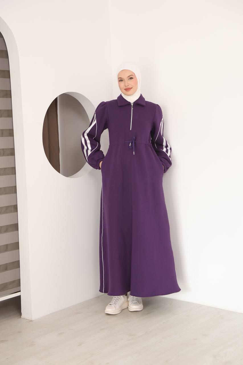 7097 Çift Çizgili kışlık Spor Elbise - Mor