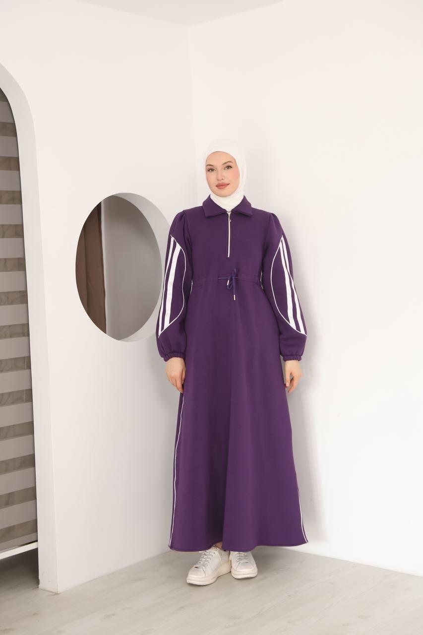 7097 Çift Çizgili kışlık Spor Elbise - Mor