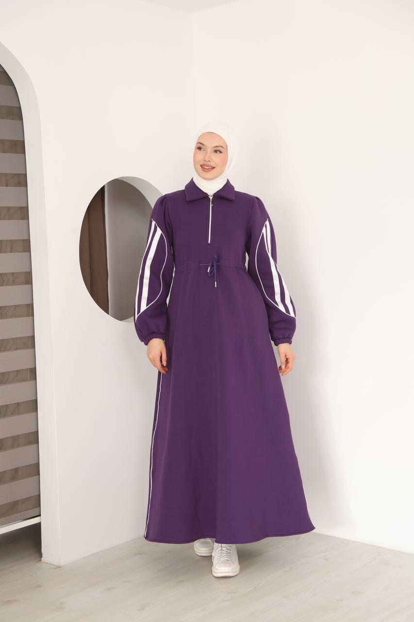 7097 Çift Çizgili kışlık Spor Elbise - Mor