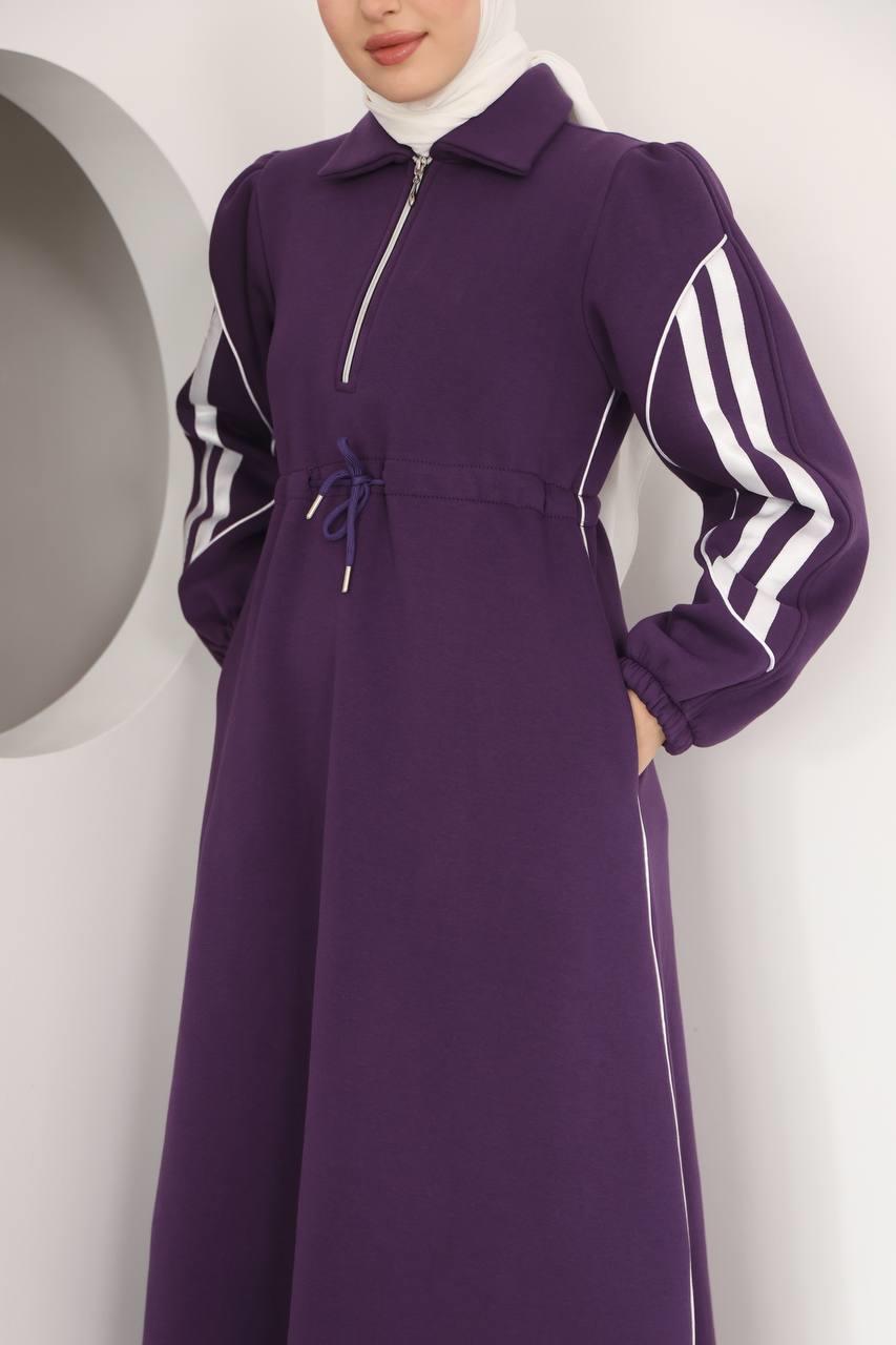 7097 Çift Çizgili kışlık Spor Elbise - Mor