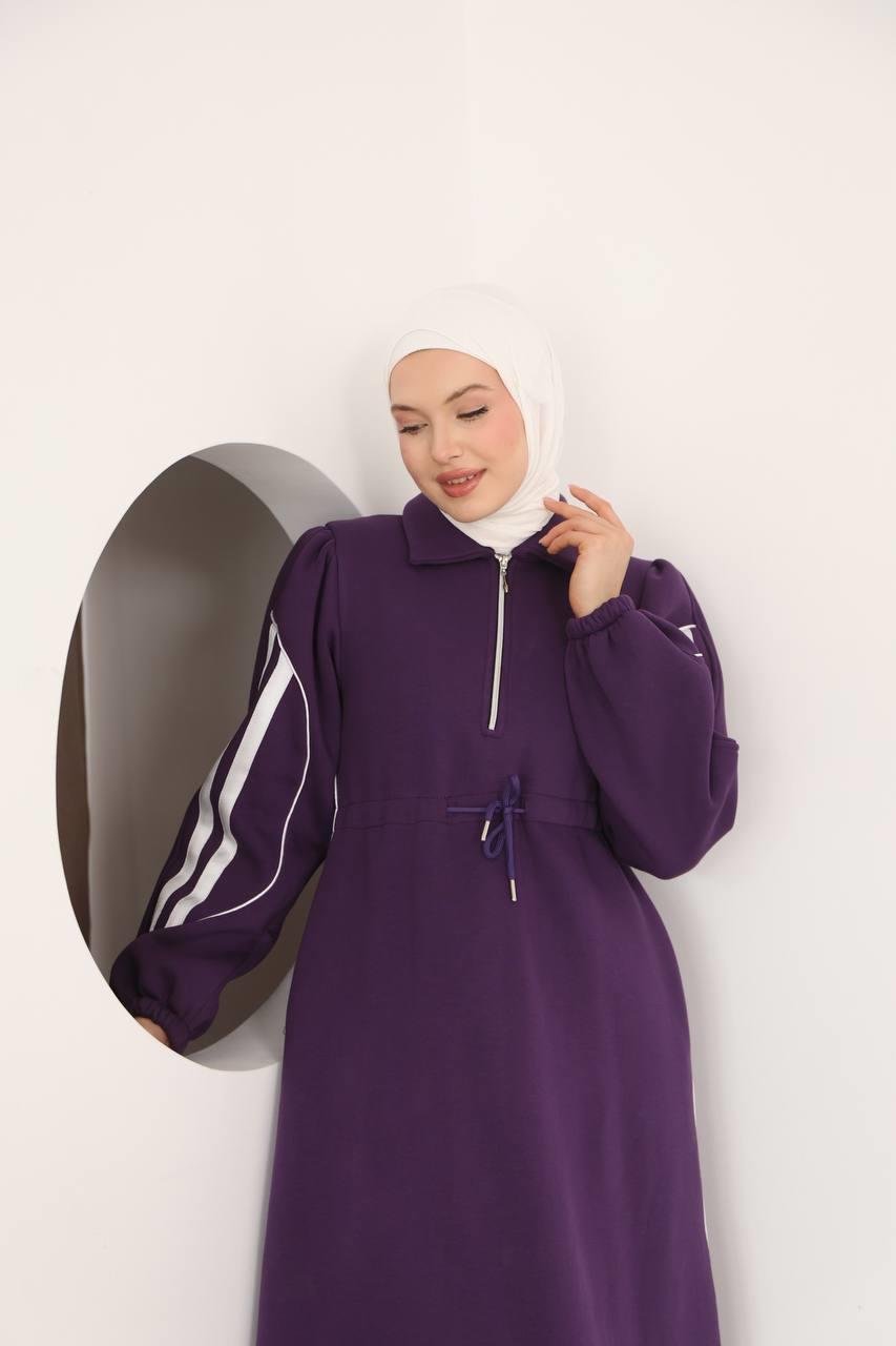 7097 Çift Çizgili kışlık Spor Elbise - Mor