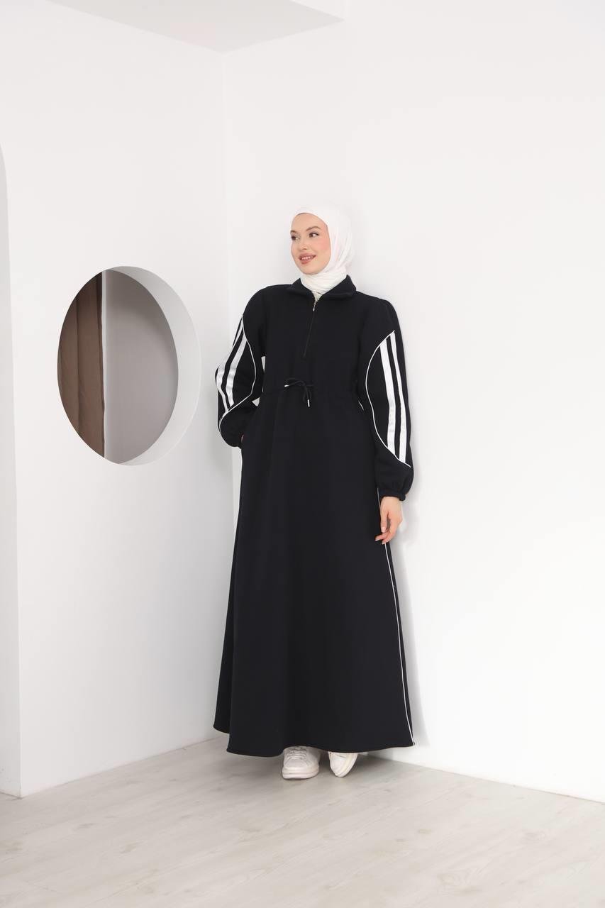 7097 Çift Çizgili kışlık Spor Elbise - Siyah