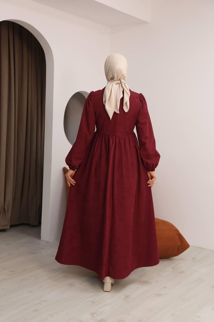 7100 Sade Tasarımlı Kadife Elbise - Bordo