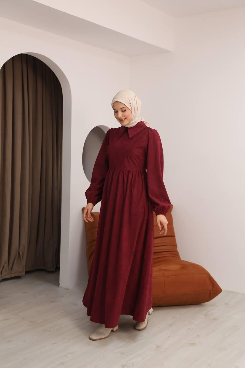 7100 Sade Tasarımlı Kadife Elbise - Bordo