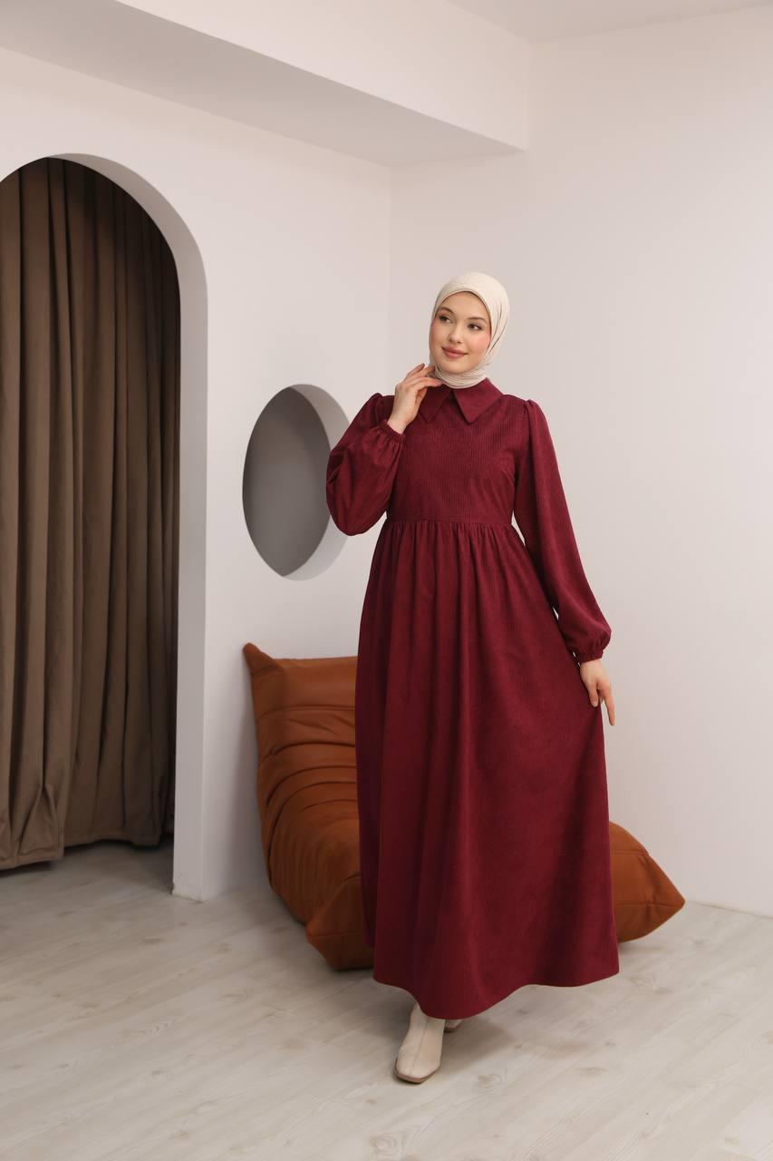 7100 Sade Tasarımlı Kadife Elbise - Bordo