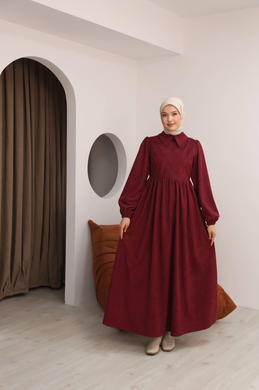 7100 Sade Tasarımlı Kadife Elbise - Bordo