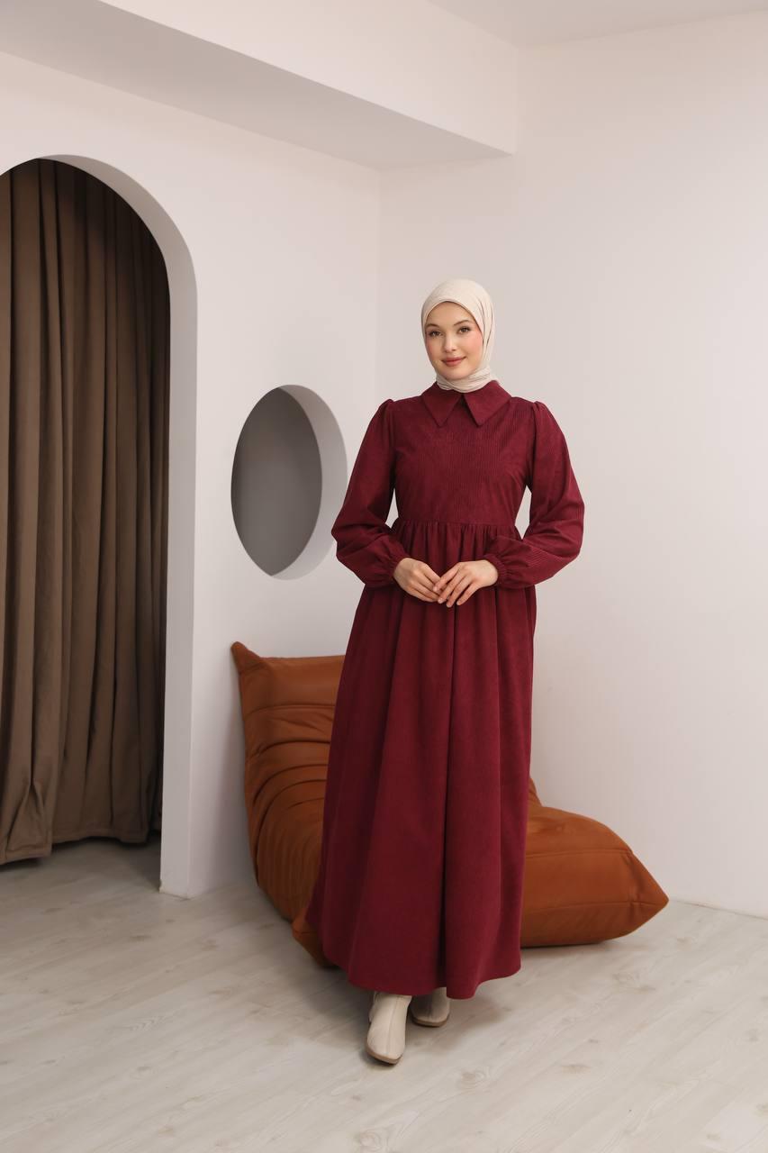 7100 Sade Tasarımlı Kadife Elbise - Bordo
