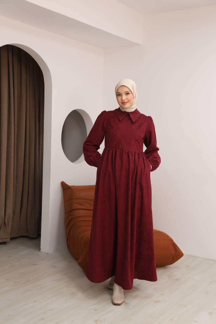 7100 Sade Tasarımlı Kadife Elbise - Bordo