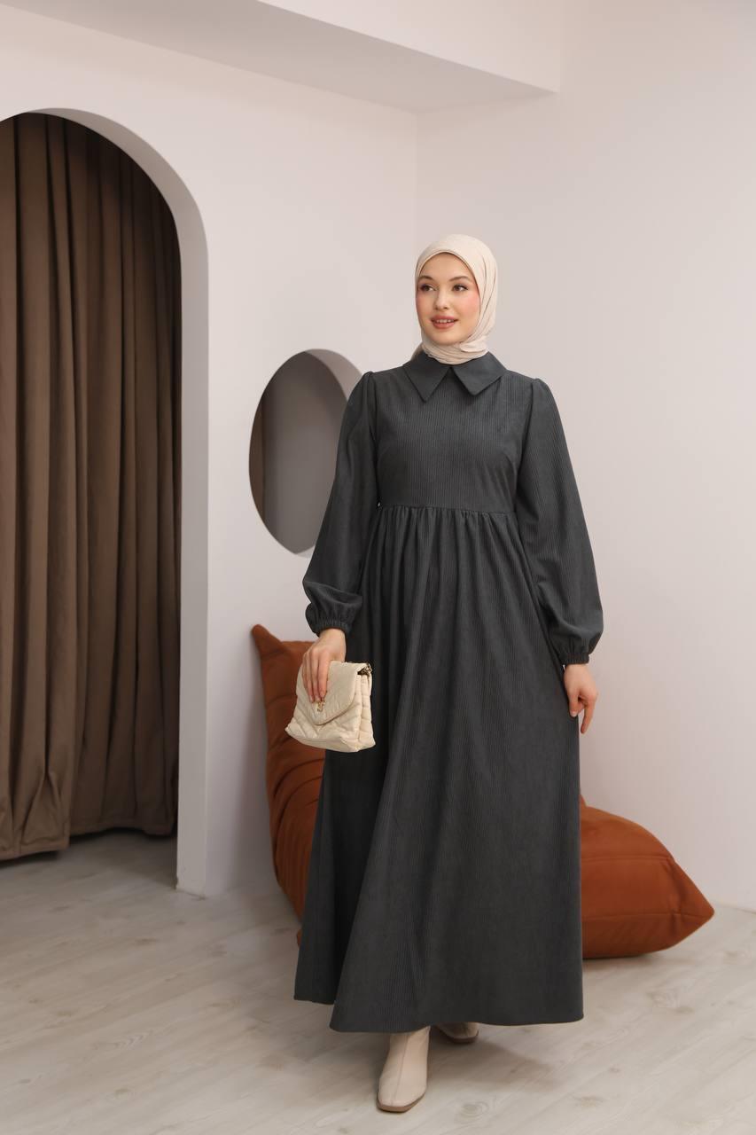7100 Sade Tasarımlı Kadife Elbise - Koyu Gri 