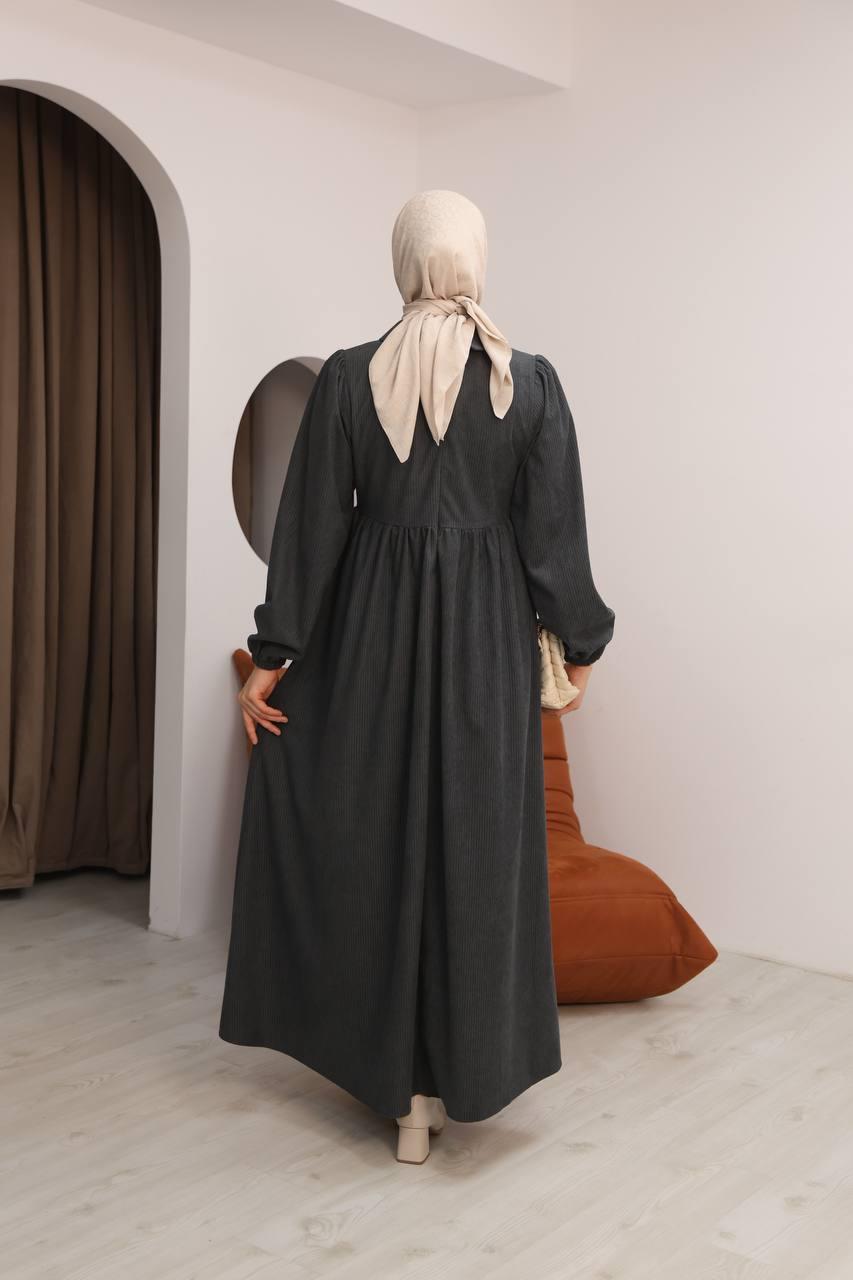 7100 Sade Tasarımlı Kadife Elbise - Koyu Gri 