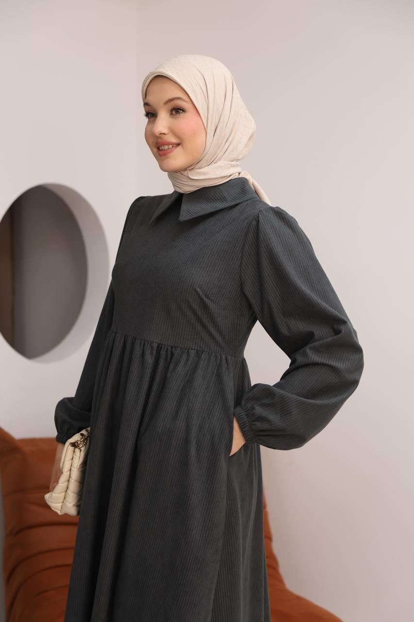 7100 Sade Tasarımlı Kadife Elbise - Koyu Gri 