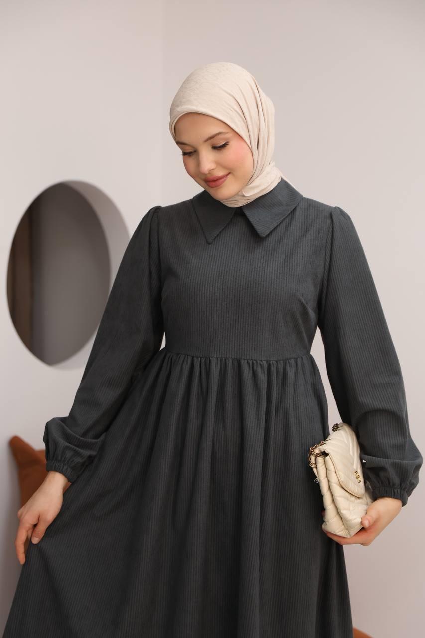 7100 Sade Tasarımlı Kadife Elbise - Koyu Gri 