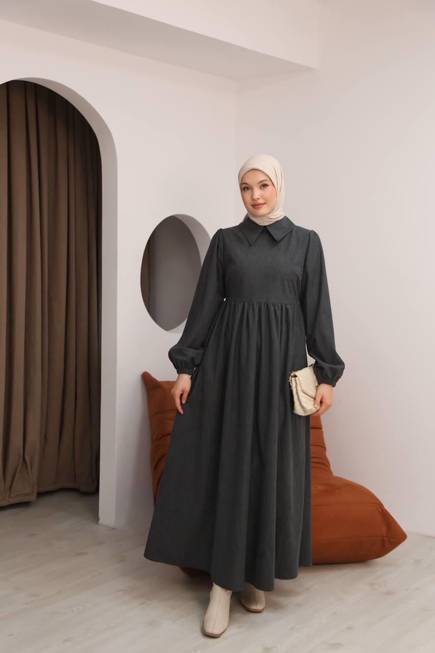 7100 Sade Tasarımlı Kadife Elbise - Koyu Gri 