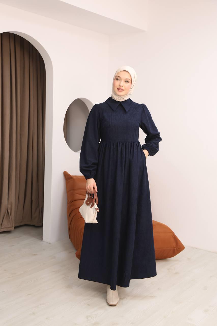 7100 Sade Tasarımlı Kadife Elbise - Lacivert